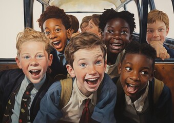 a group of children on a bus - obrazy, fototapety, plakaty
