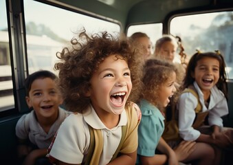 a group of children are sitting on a school bus - obrazy, fototapety, plakaty