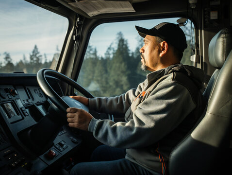 A photograph capturing truck drivers in their cabs, showcasing the intense life on the road.