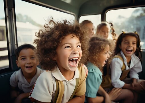 A Group Of Children Are Sitting On A School Bus