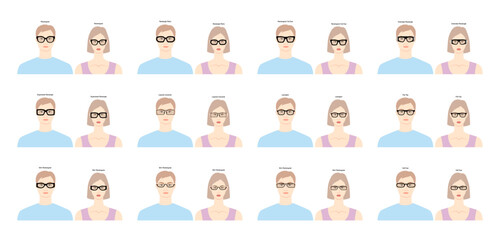 Set of Rectangular frame glasses on women and men flat character fashion accessory illustration. Sunglass front view unisex silhouette style, rim eyeglasses with lens sketch style outline isolated - obrazy, fototapety, plakaty