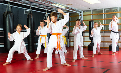 Young boys and girls in kimono doing kata moves with their trainer in gym.
