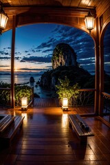 Fototapeta premium view of the city, paradise island at night, pool at night, sea at night, with wooden cabins