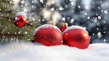 Fototapeta na wymiar Merry Christmas - Fir Branches And Baubles On Snow