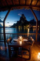 restaurant at sunset, paradise island at night, pool at night, sea at night, with wooden cabins