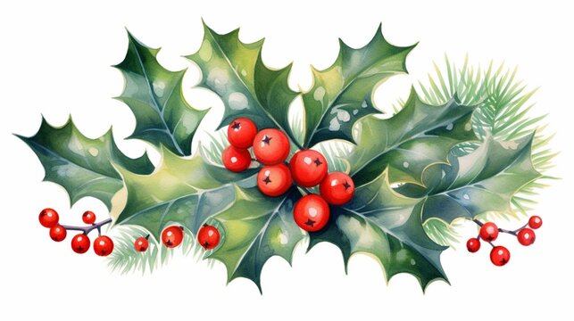 Vector watercolor Christmas card with holly berries and green leaves. 