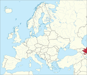 Red CMYK national map of AZERBAIJAN inside detailed beige blank political map of European continent with rivers and lakes on blue background using Mercator projection