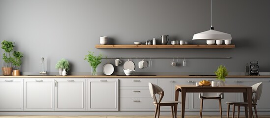 Stylish kitchen with white and gray walls wooden floor grey cupboards dining table in a corner ing
