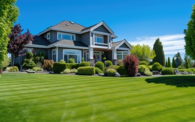 Fototapeta na wymiar Beautiful landscaping upscale home with green grass at a blue sky sunny day