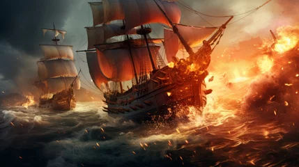 Poster an old naval battle with burning chasing boat ships in the sea. fire explosions in ocean with pirates and royal army. 16:9 wallpaper background. Generative AI © SayLi