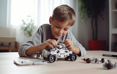 A boy repairing a toy robot
