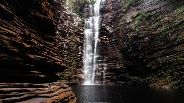 drone video of the Burac&atilde;o waterfall in Chapada Diamantina, Bahia, Brazil