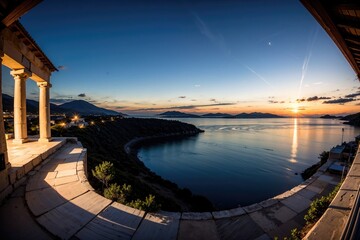sunset at the the city, sea wide view at night