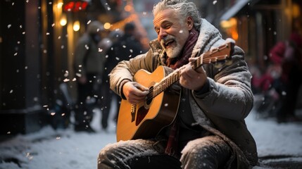 Older spirited man, person with a guitar, playing with gusto on streets, street performer, into his music, amidst snow falling and the cold, entertainment in the city,  life goes on in winter, delight - obrazy, fototapety, plakaty