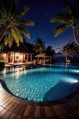 Maldives paradise at night, pool at night, sea at night,  with wooden cabins