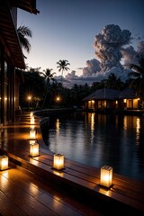 Maldive paradise at night, pool at night, sea at night,  with wooden cabins