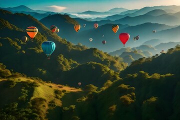 Colorful hot air balloons flying over mountain at Dot  in Chiang Mai, Thailand.