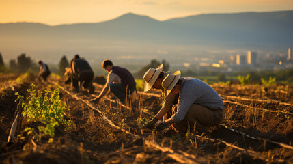 Group of farmers outside city in beautiful sunrise