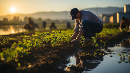 Sunrise Reflection on Water: Farmer Working in a Beautiful Agricultural Landscape