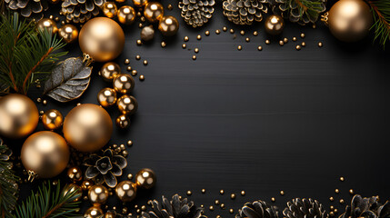 Merry Christmas, festive greeting card - Frame made of golden fir branches and christmas decorations ornaments on black table background
