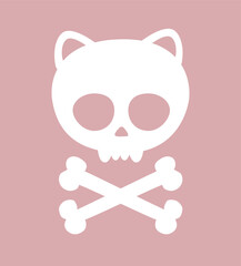 Vector hand drawn flat cat skull with crossed bones silhouette isolated on pink background