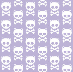 Vector seamless pattern of hand drawn flat cat skull with crossed bones silhouette isolated on lilac background