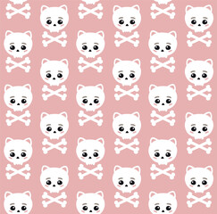 Vector seamless pattern of hand drawn flat cat skull with crossed bones silhouette isolated on pink background