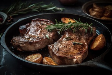 Steaks with roasted potatoes and rosemary for dinner