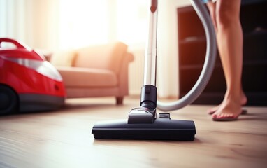 Woman using a vacuum cleaner to clean the floor
