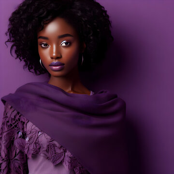 Portrait of an African model with Afro hairstyle, dark eyes, purple makeup, clothes and background in purple

