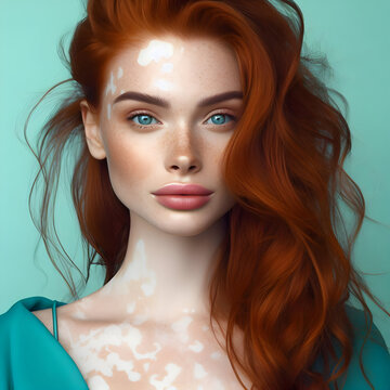 Portrait of a Celtic Redhead model with loose wavy hair, blue eyes and natural pink lips, clothes and background in aqua, vitiligo skin

