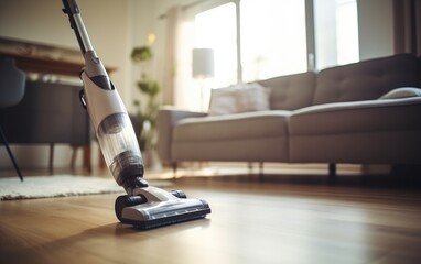 Woman using a vacuum cleaner to clean the floor - obrazy, fototapety, plakaty