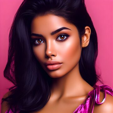 Portrait of a Comanche Indian model with black loose hair, honey brown eyes, natural pink lips, clothes and background in fuchsia

