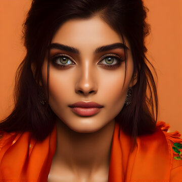 Portrait of an Indian model with black hair, hazel eyes, natural pink lips, clothes and background in orange

