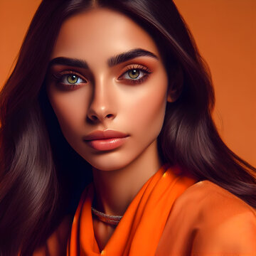 Portrait of an Indian model with long brunette hair, hazel eyes, natural pink lips, clothes and background in orange

