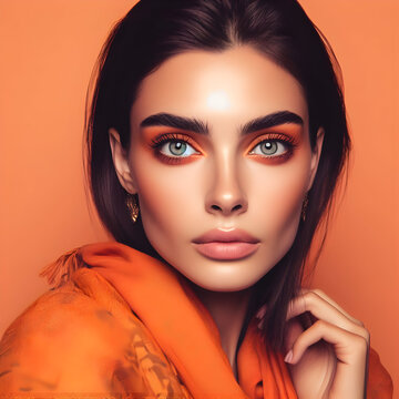 Portrait of an Indian model with brunette hair, hazel eyes, natural pink lips, orange makeup, clothes and background in orange

