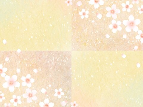 ピンクと黄色の和紙を組み合わせた背景に桜の花をあしらった可愛いフレームイラスト
