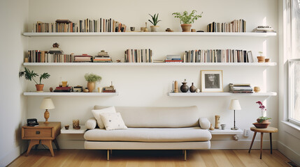 A bright room with a white couch against the wall and shelves with books above it