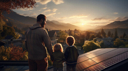 A family enjoying their sustainable home with renewable energy, learning how to care for the environment