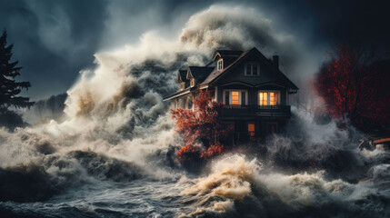natural disaster. A house is flooded by masses of water