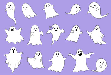 Vector Ghosts, Cute Cartoon Ghost Set, Retro Happy Funny Ghosts