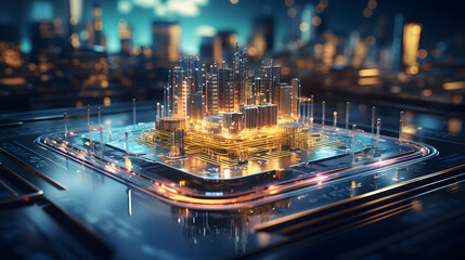 Digital informational technology web futuristic hologram with cloud icon, blue golden light and code background, cloud computing
