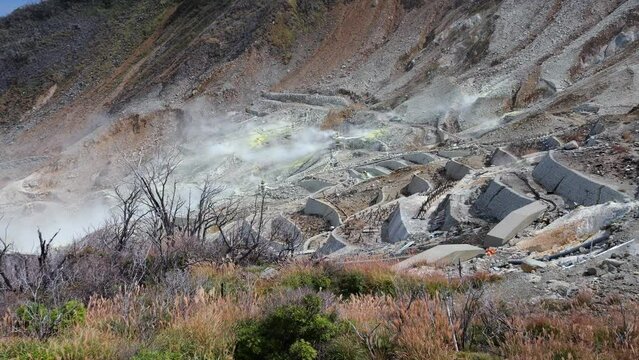 Plumes rising from the explosion crater of Owakudani.