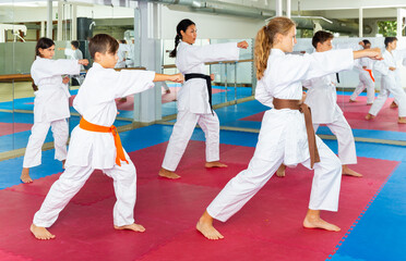 Schoolchilds are practicing new technique by repeating for the female trainer in karate class