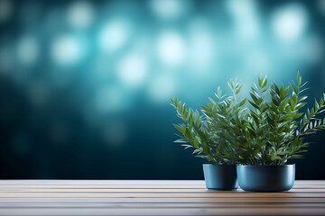  Pots with plants on table, blurred background. Space for brand, advertising, or product