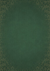 Warm green textured paper with vignette of golden hand-drawn pattern. Copy space. Digital artwork, A4. (pattern: p11-1e)