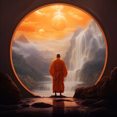 A man in an orange robe standing in a cave with waterfall. Buddhist monk meditating at night. Buddhism, Zen Meditation and mindfulness - obrazy, fototapety, plakaty
