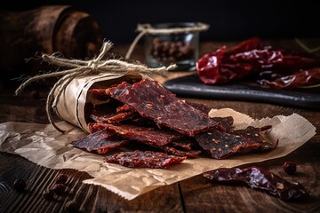 Dried meat beef jerky on tablecloth and wooden background - obrazy, fototapety, plakaty