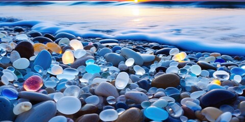 Obraz premium Beautiful beach at night illuminated by moonlight scattered with many colorful, transparent, circular and shiny pebbles