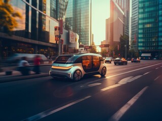 an autonomous driving vehicle in city in afternoon light. split-toning color grade. Generative AI